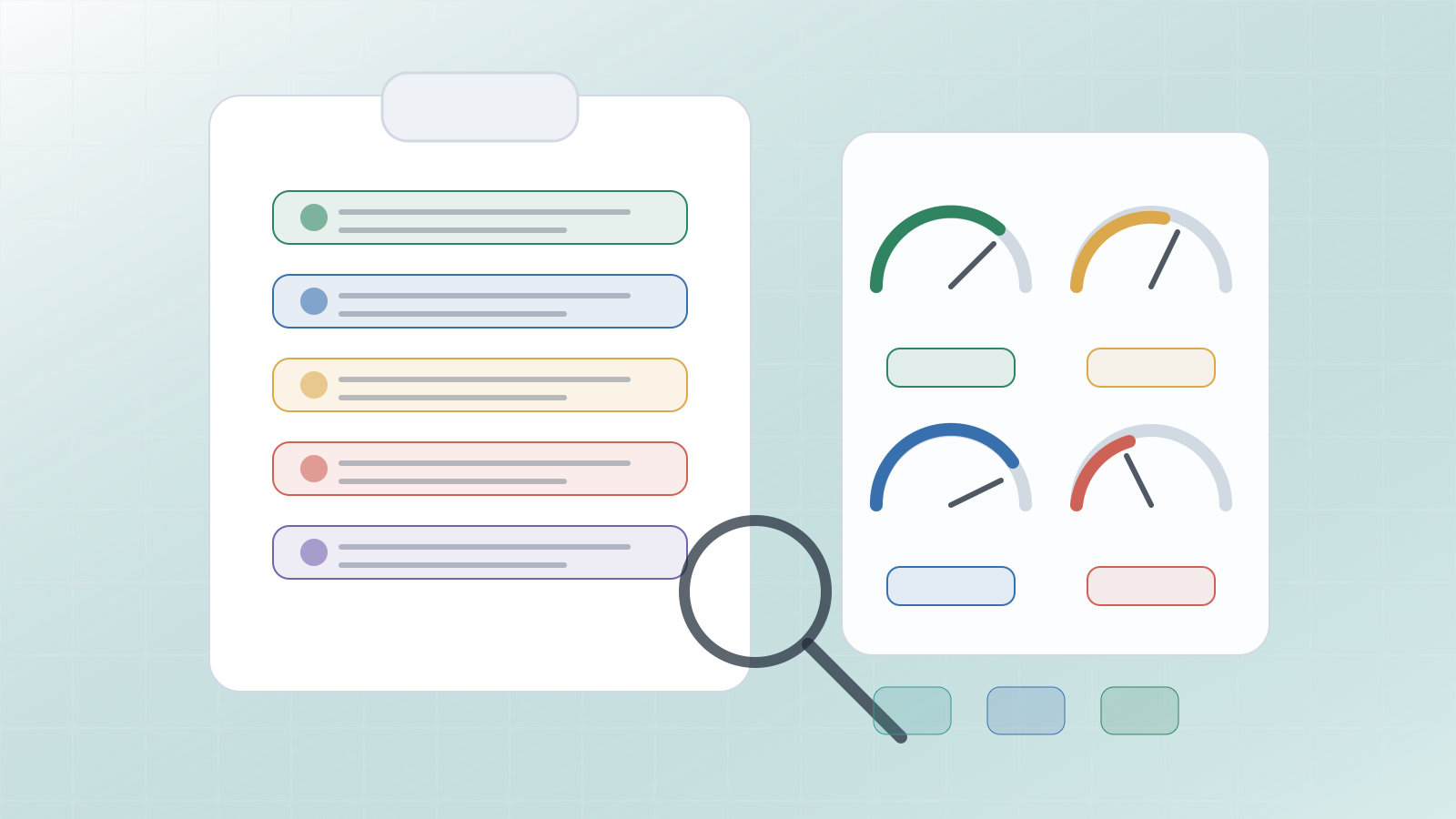 AI readiness scorecard with checklist areas, risk dial, data cards, and review notes