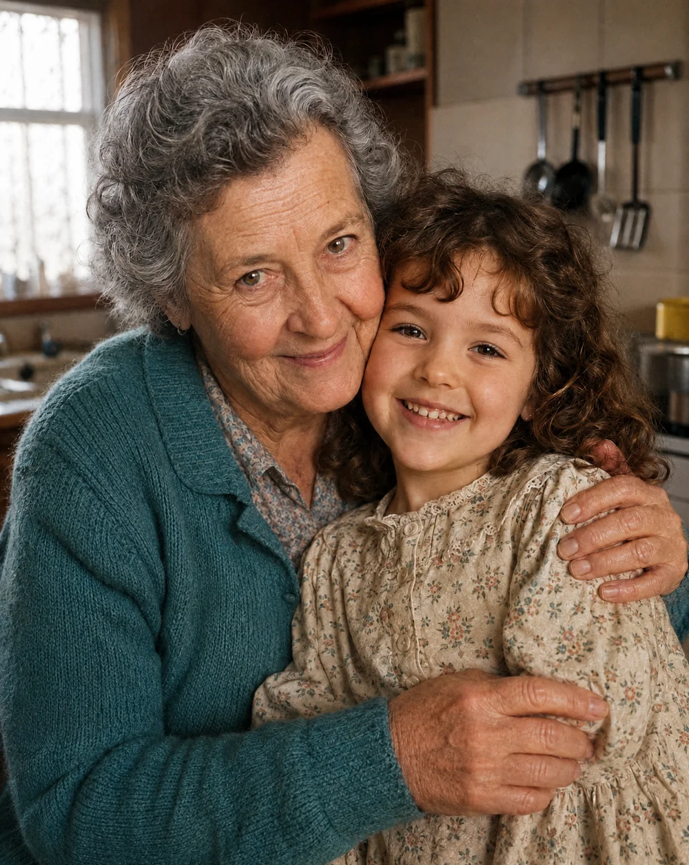 Restored sample photograph of a grandmother hugging her granddaughter, with clearer colour and scratches removed