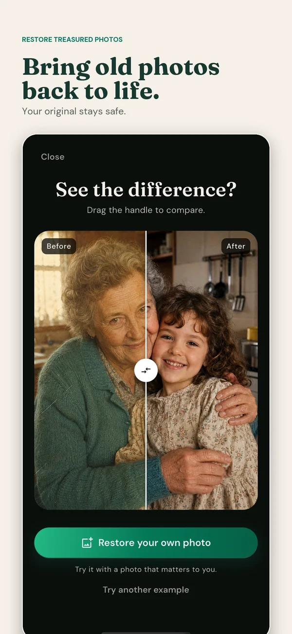 PhotoScanRestore iPhone App Store screenshot showing the before-and-after restoration experience and Restore your own photo button