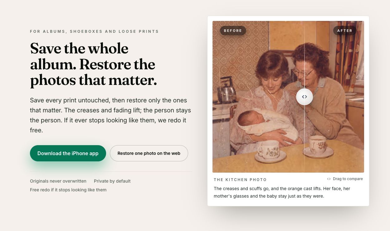 PhotoScanRestore website showing a restored family photo with a before and after slider